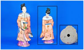 Chinese, High Quality, Large Hand Enamelled, Female Statue Of An Immortal Probably A Version Of `He