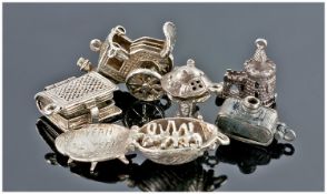 Collection Of Six Silver Charms, Beatles, Camera, Pixie Toadstool, Tower Of London, Prayer Book &
