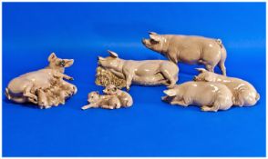 Family of Decorative Porcelain Pig Figure Groups. ``The Cream of Cream ware``. Stamped to base. (