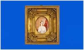 19thC Portrait Miniature, Broad Gilt Frame. Paper Label To Reverse Reads ``Portrait Of Miss Sarah