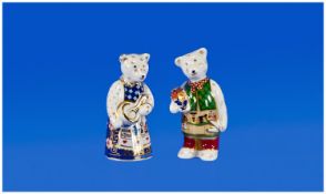 Royal Crown Derby Teddy Bear Figures, 2 in total. Dates 2002. Each 3.5 inches tall. Mint condition.