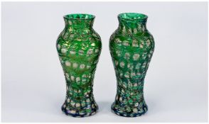 Bohemian Kralik `Silveria` Style Pair of Green Glass Lustre Vases, baluster shape with flared bases