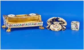 Three Various Inkwells / Stands comprising Coalport rococo style single well inkstand, sofa shape