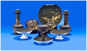 Early 20th Century Oriental Dressing Table Set, comprising two candle holders, two pedestal dishes,