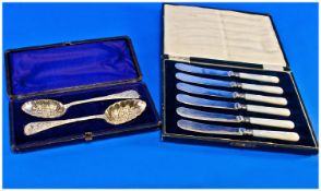 A Cased Set of 6 Mother of Pearl Handled Fruit Knives with plated blades, with  2 cased embossed