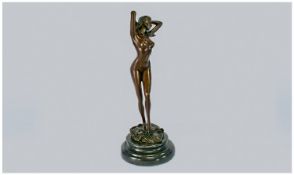 Striking Bronze Statue Of A Very Attractive Nude Girl In A Provocative Pose, holding back her