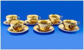 Marquis Set of Six Hand Finished Cups and Saucers, England, all depicting still life fruit scenes,