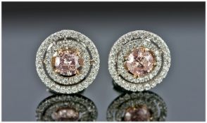 GIA Certificated Diamond Set Earrings, Each Set With A Round Brilliant Natural Fancy Brownish Pink