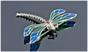 Silver Enamelled Dragonfly Brooch. Stamped 925