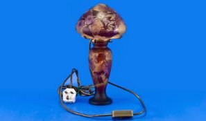 Galle Style Mushroom Table Lamp, cameo glass, mulberry coloured flowers and leaves on a light amber