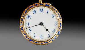 18ct Gold Ladies Enamelled Fob Watch, White Porcelain Dial With Blue Enamelled Arabic Numerals And