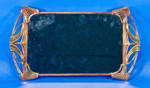 Art Nouveau Mirror Tray, coppered brass frame with Jugendstil type design to the full width handles