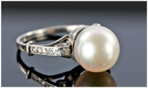 White Gold Pearl And Diamond Ring, Central 10mm Pearl, Set Between 12 Round Cut Diamond Set