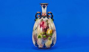 Hadleys Worcester Hand Painted Two Handled Vase. ``Roses`` Still Life. c.1880`s. Height 7.75