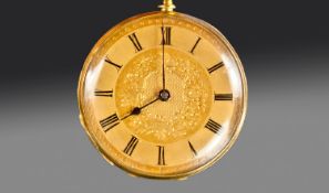 18ct Gold Ladies Fine Late 19th Century Open Faced Pocket Watch with ornate gold dial and embossed