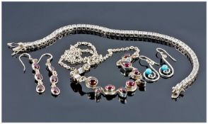 Collection Of Silver Jewellery Comprising Tennis Bracelet Set With Princess Cut CZ`s, Drop Earrings