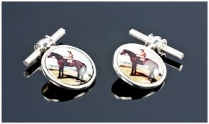 Gents Set Of Silver Cufflinks, Of Circular Form With Chain Links, The Fronts Showing An Image Of A