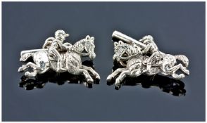 Pair Of Gents Of Silver Cufflinks, Modelled In The Form Of Horse And Rider. Complete With Box