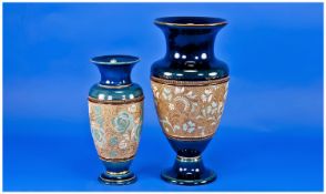 Two Doulton Vases, tapestry detail on blue body. 10.5 and 8 inches.