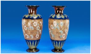 Doulton Lambeth/Slater Pair of Fine Chine Ware Vases 1890`s. Raised Floral Decoration on a Chine