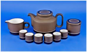 Hornsea Lancaster Vitramic Tea pot, milk jug and sugar bowl, plus 6 egg cups, contrast design, c.