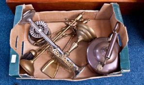 Box Of Misc Metalware, Comprising Copper Kettle, Companion Set/Fire Irons etc