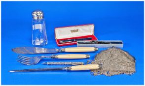 Small Mixed Lot Comprising Set Of Three Fish Servers, Silver Topped Sugar Caster, Pens & Mesh