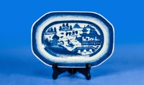 Nanking Blue and White Chinese Platter, of oblong form, hand painted in underglaze blue, depicting
