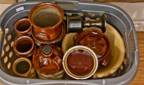 Collection of Stoneware and Earthenware Pots, brown treacle glaze, flagon and assorted pots.