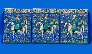 Very Fine and Rare Set Of Three Persian (Qajar) Moulded Wall Tiles Of Large Size & Rectangular Form