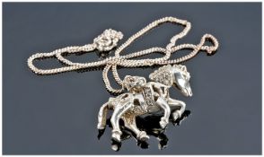 Silver Pendant, Modelled In The Form Of A Horse Set With White Faceted Stones, Suspended On A Fine