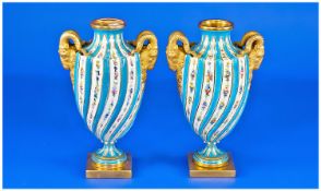 Mintons Reproduction of a Pair Sevres, Louis XV Period, Rams Head Handled Vases. From King Edward