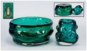 Whitefriars Knobbly Design Bowl with rich emerald green colourway. Whitefriars label to side of