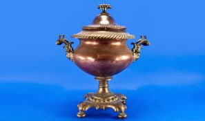 Large Copper Samovar, of two handled form, with finial to lid, raised on pedestal base, fitted with