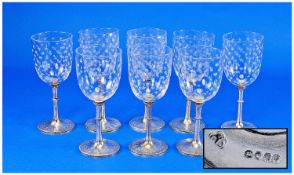 Victorian George Angel Very Rare Matching Set Of Eight Silver Stemmed Drinking Glasses, with wheel