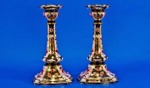 Royal Crown Derby Imari Fine Pair of Candlesticks. Date 1917. Each candlestick 6.5 inches high.