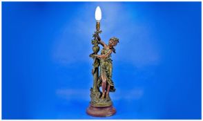 French Cold Painted Late 19th Century Large Spelter Figural Lamp. Signed Moreau. Lady with torch