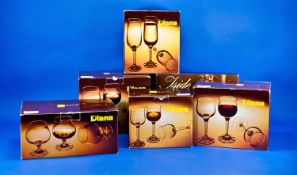 Six Boxed Sets of Bohemia Diana Drinking Glasses, comprising two sets of wine glasses, brandy