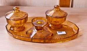 Pale Amber Coloured Glass Dressing Table Set Comprising ring tray, candlestick, 2 powder bowls &