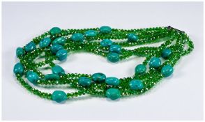 Turquoise Stone and Green Crystal Statement Necklace, Arizona mined turquoise ovoid stones spaced