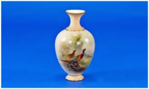 Royal Worcester Hand Painted Miniature Vase, cock and hen pheasants in a woodland setting. Signed