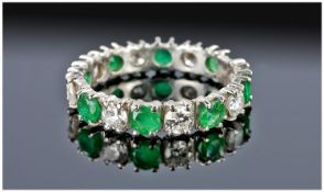 18ct White Gold Emerald And Diamond Full Eternity Ring, Set With Alternating Round Modern Brilliant