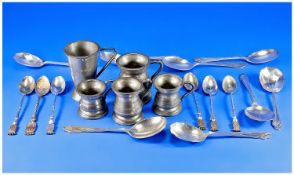 Selection of 14 Various Silver Plated Spoons, together with a five pewter measures.