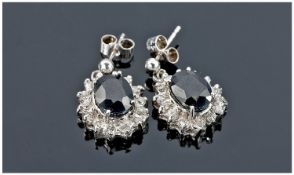 Ladies 18 Carat Gold Pair of Sapphire and Diamond Earrings. The central sapphires surrounding 14