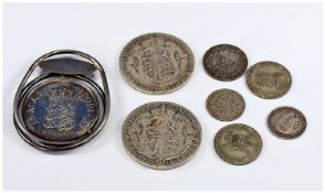 Eight Various Silver Coins including Christian X, King of Denmark, 2 Kroner in 925S mount, 2 x half