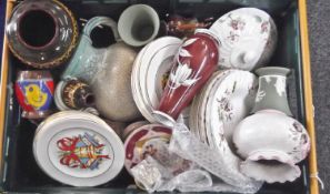 A Box of Various Ceramics including studio pottery, Wedgwood cabinet plates, 20th Century.