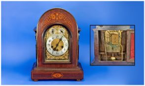 Junghams Mahogony Cased Inlaid Bishops Hat Shaped Bracket Clock, circa 1900, striking / chiming on