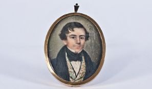 Very Fine George III Miniature Portrait Painting On Ivory Of A Georgian Gentleman, within an oval