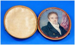 Very Fine George III Portrait Miniature On Ivory Of A Georgian Gentleman within a green leather