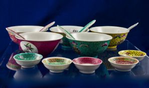 Collection of Chinese Decorated Tableware comprising 5 rice bowls, 5 spoons and 5 small bowls.